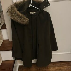 Cape coat with faux fur lined hood
